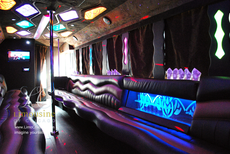 party bus inside LED lighting, leather seating, bars for birthday celebration, privacy curtains, privacy glass and a pole