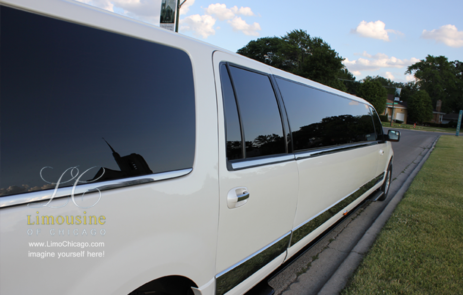 Lincoln Navigator long passenger side of 14 passenger limousine