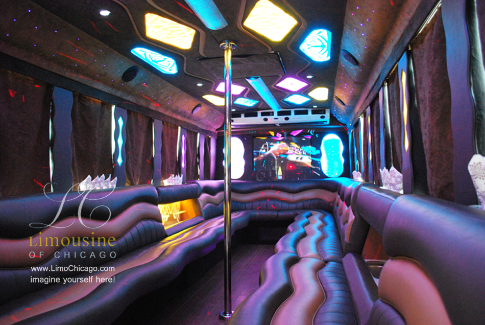 limo party bus inside: pole, led lights, bar, leather seats