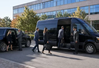 Corporate team boarding executive vehicles at a Chicagoland office