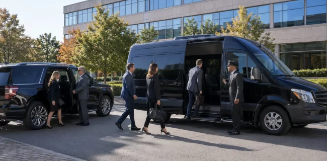 Corporate team boarding executive vehicles at a Chicagoland office