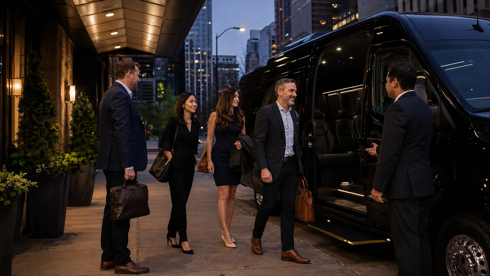 Business group boarding an executive van for an evening return to the suburbs