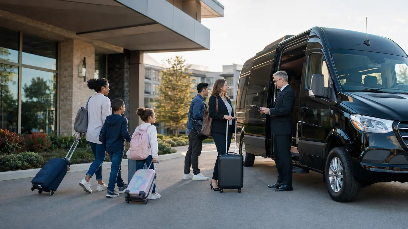 Chicagoland travelers boarding a reserved executive van with luggage