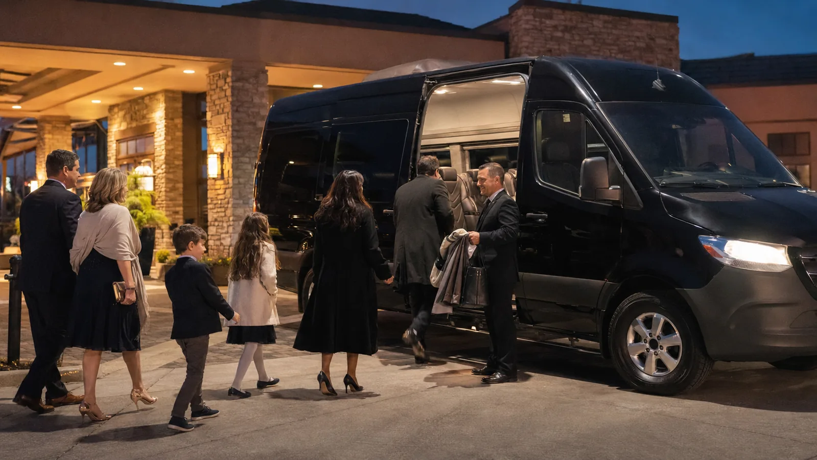 Family group boarding a reserved van after a Chicagoland event