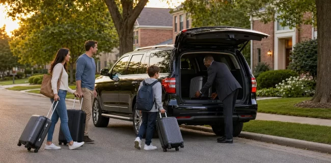 Family arriving home from O’Hare in a chauffeured SUV