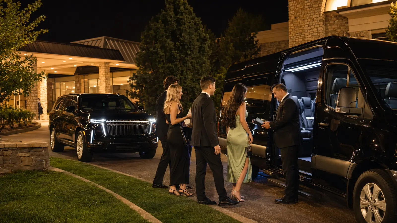 Wedding guests boarding a chauffeured van for a late-night return