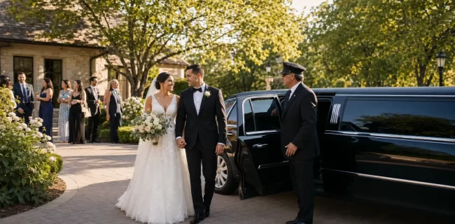 Wedding limousine arriving at an elegant Chicagoland venue