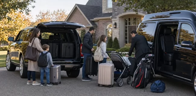 Chicagoland family choosing an SUV or executive van for airport luggage