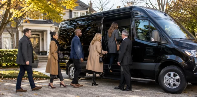 Chicagoland group boarding an executive van for Chicago Live at Navy Pier