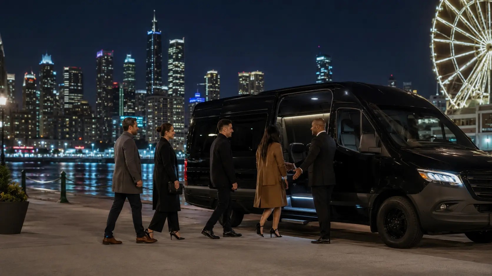Group boarding an executive van for a late return from Navy Pier