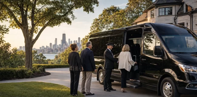 Chicagoland group boarding an executive van for the Chicago Jazz Festival