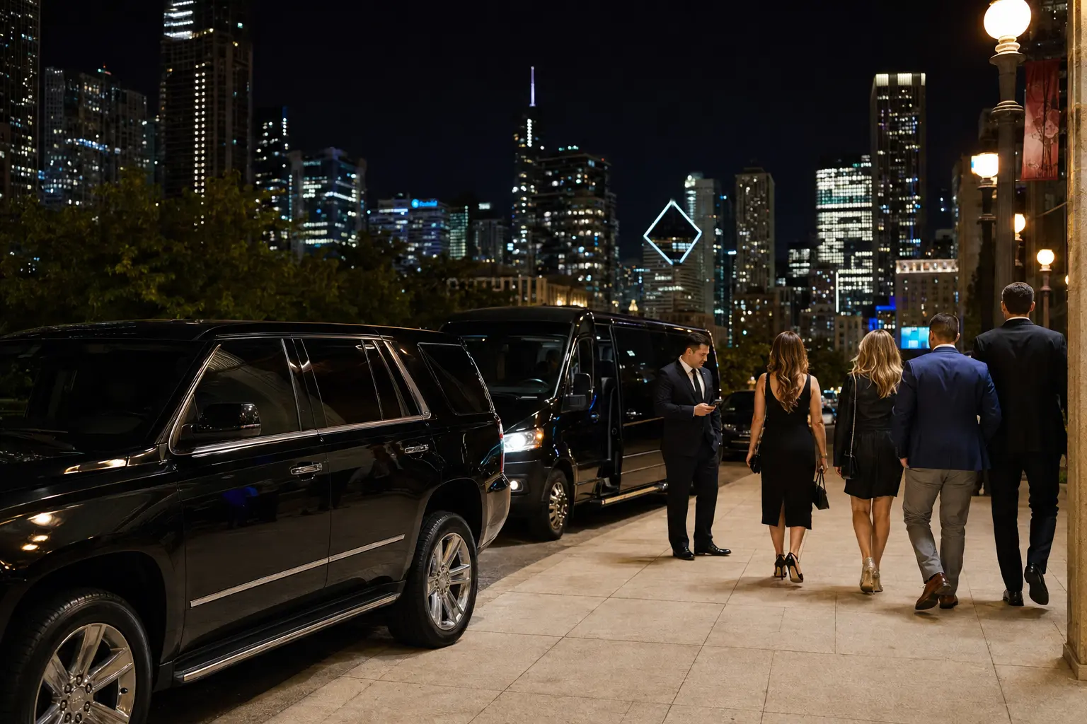 Organized late-night SUV and executive van pickup near downtown Chicago