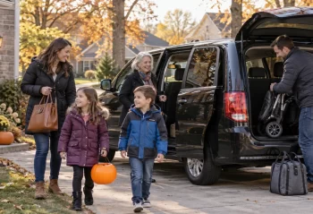 A multigenerational family loads a stroller and bags into an unbranded van in a suburban driveway