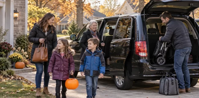 A multigenerational family loads a stroller and bags into an unbranded van in a suburban driveway