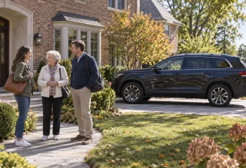 Three adult relatives with day bags gather on a suburban home walk with a dark SUV in the driveway