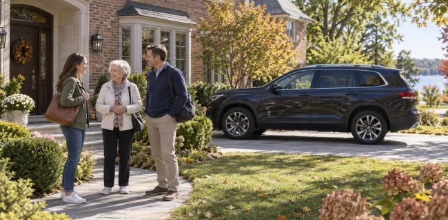 Three adult relatives with day bags gather on a suburban home walk with a dark SUV in the driveway