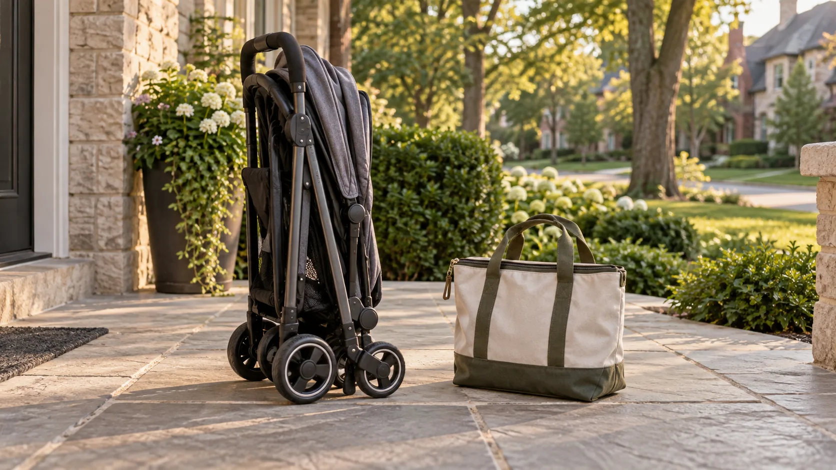 A folded compact stroller and zipped canvas tote stand on a stone porch in a leafy suburb