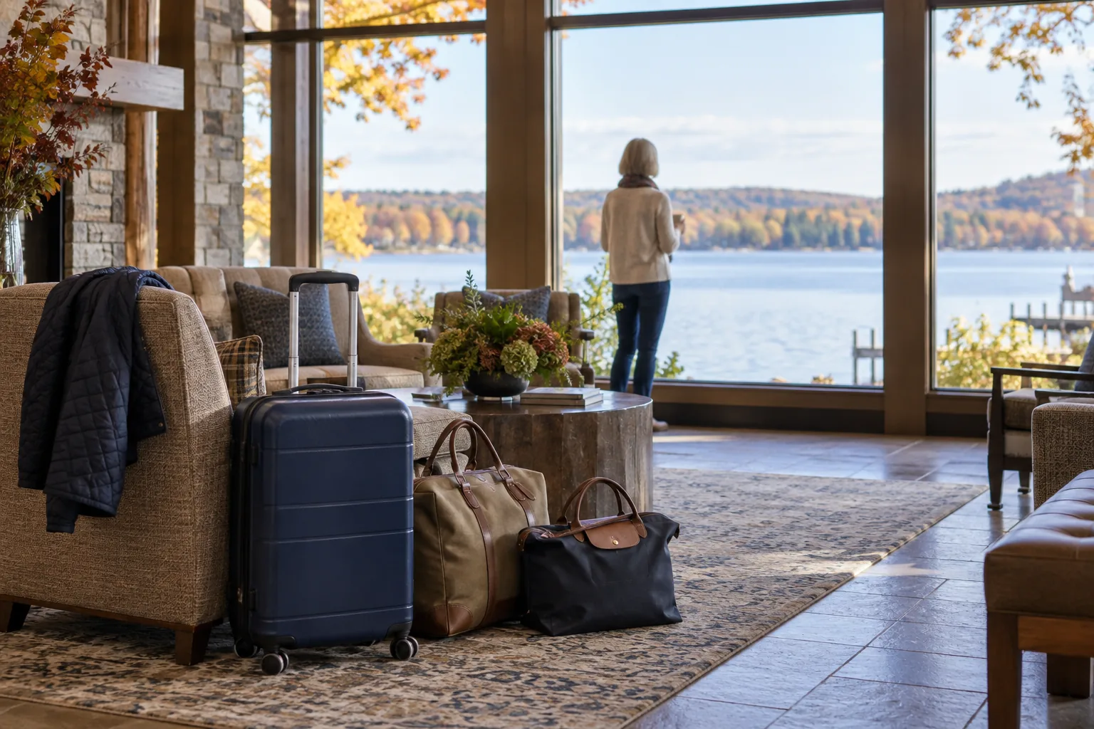 Suitcase and weekend bags beside a lobby armchair overlooking an autumn lake