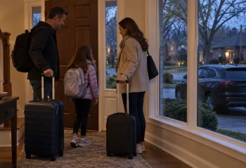 Two adults and a child with suitcases in a suburban home foyer with a dark SUV visible outside