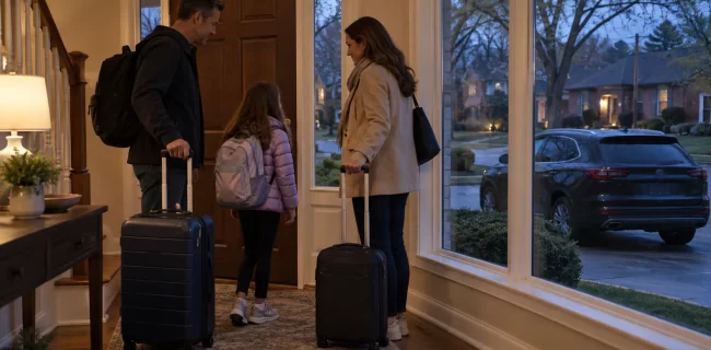 Two adults and a child with suitcases in a suburban home foyer with a dark SUV visible outside