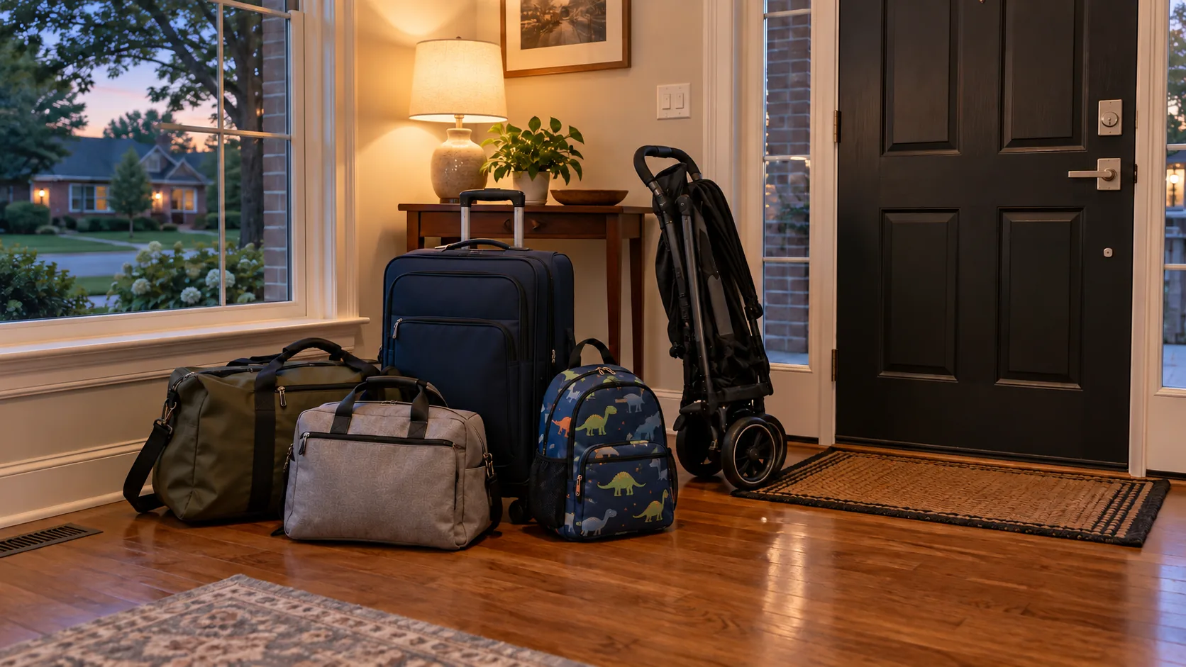 Travel bags, a child's backpack and a folded stroller grouped beside a suburban home front door