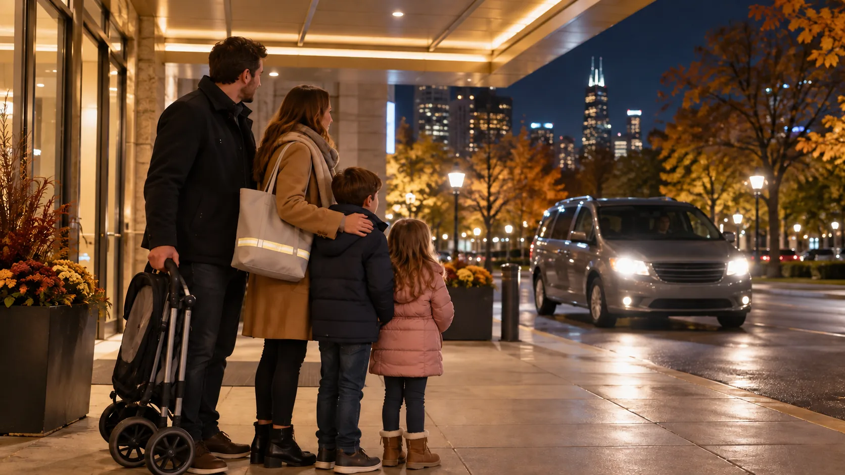 A family with a folded stroller waits under a downtown canopy as an unbranded van approaches