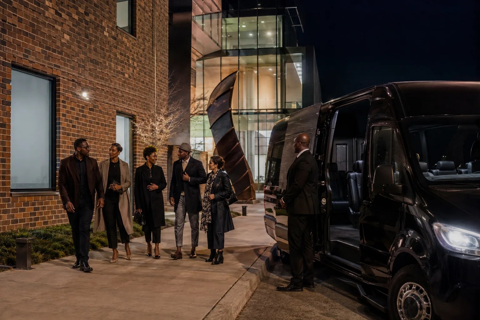 A group meeting a black executive van outside a Chicago arts venue at night