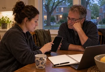 Two adults sit at a suburban kitchen table with a phone and blank notebook