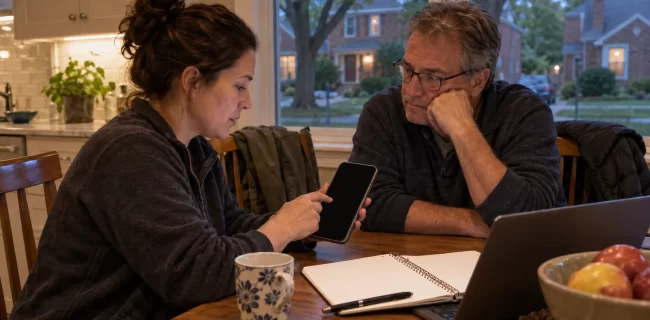 Two adults sit at a suburban kitchen table with a phone and blank notebook