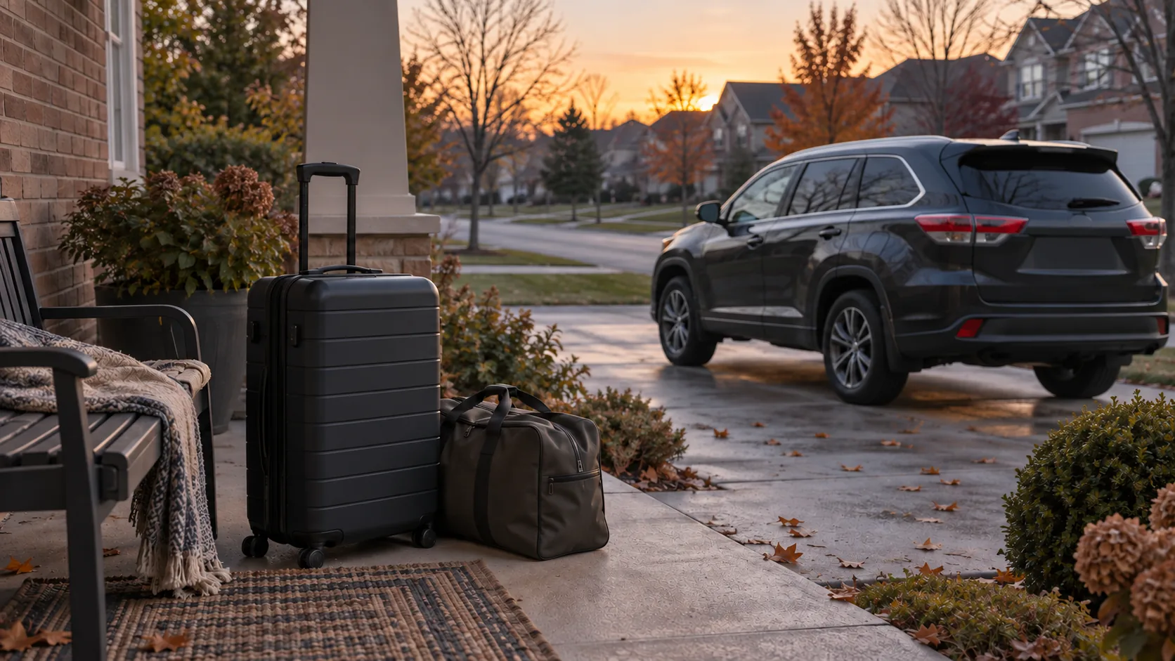 A rolling suitcase and overnight bag sit on a suburban porch with a dark SUV in the driveway