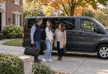 Two parents and an adult student with bags beside a passenger van at a suburban home