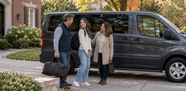 Two parents and an adult student with bags beside a passenger van at a suburban home