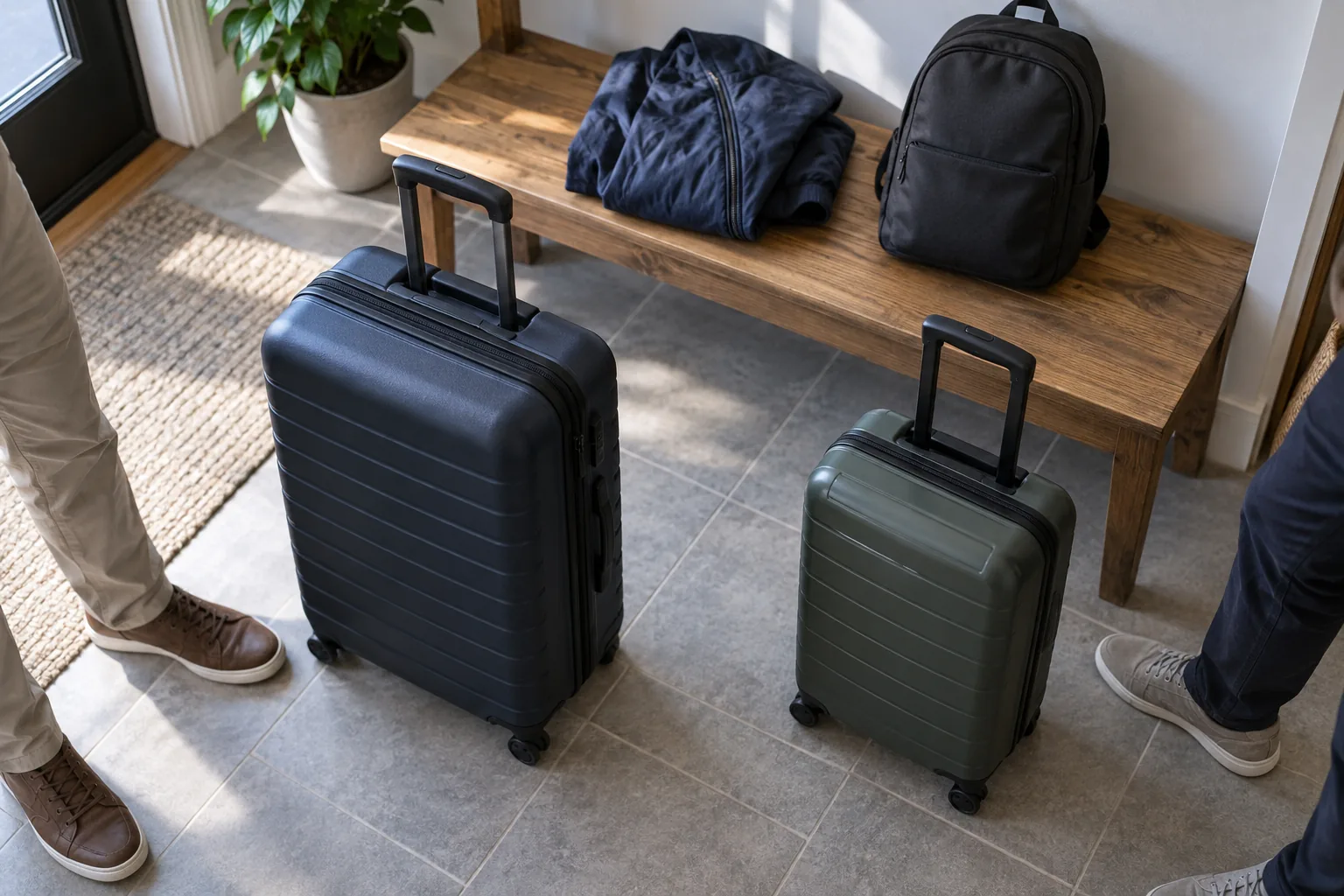 Two roller suitcases beside an entryway bench with a jacket and backpack