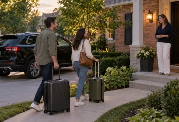 Two travelers with suitcases approach a host at a brick suburban home with a dark SUV in the driveway
