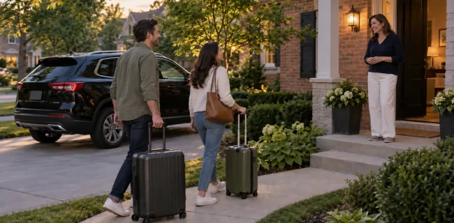 Two travelers with suitcases approach a host at a brick suburban home with a dark SUV in the driveway