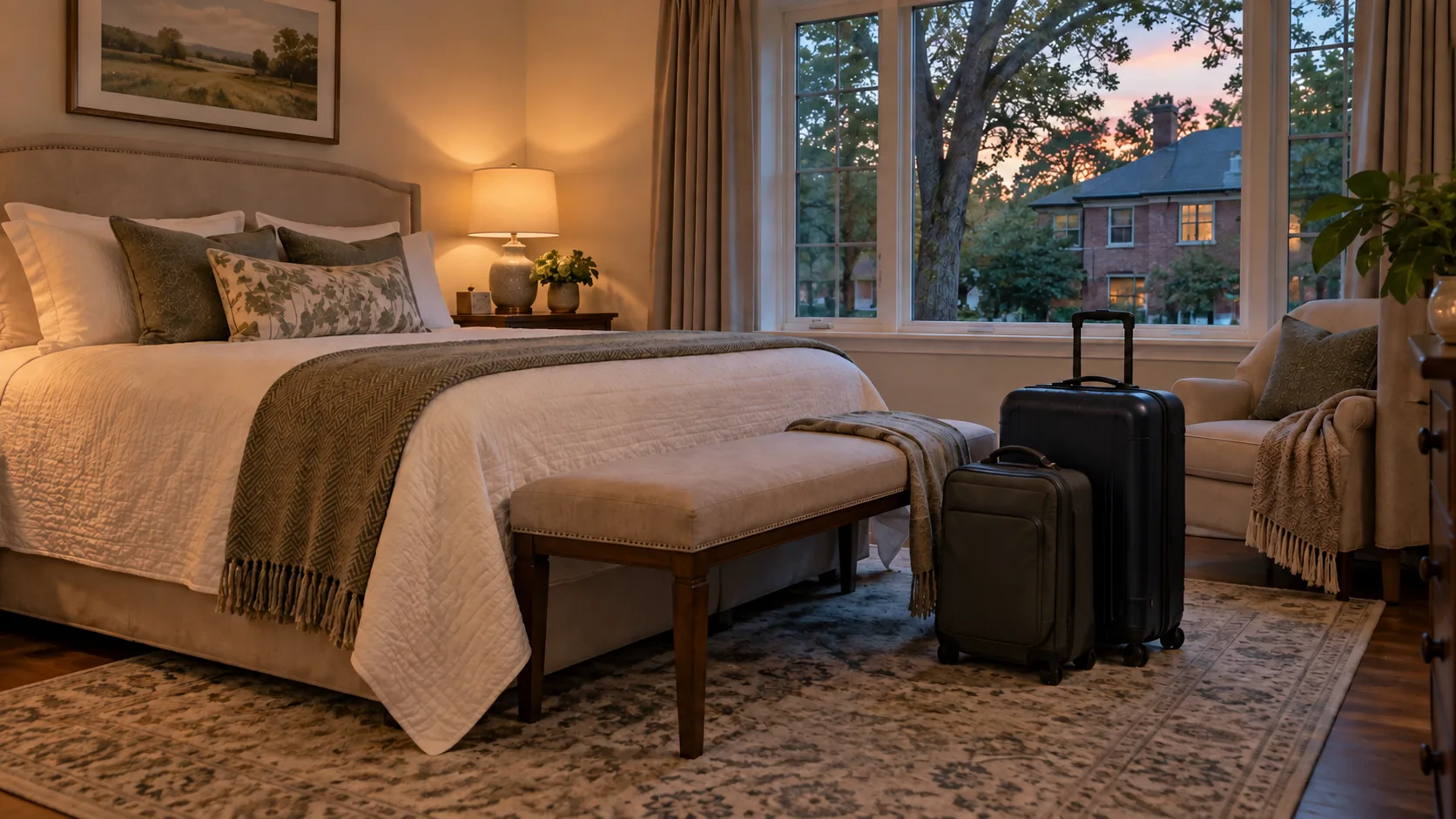 Two travel bags beside a bench in a guest bedroom with leafy suburban houses outside the window