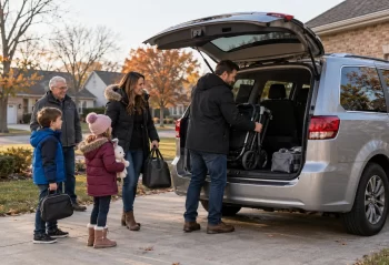 A Schaumburg family loads a stroller into an unbranded van