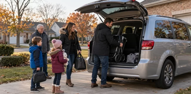 A Schaumburg family loads a stroller into an unbranded van