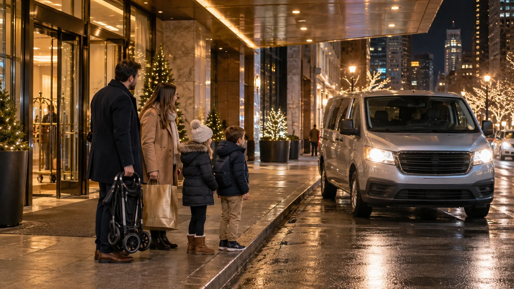 A family waits with a folded stroller as an unbranded van approaches a covered entrance
