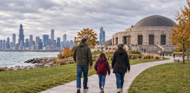 A family walks toward Adler Planetarium beside the Chicago lakefront
