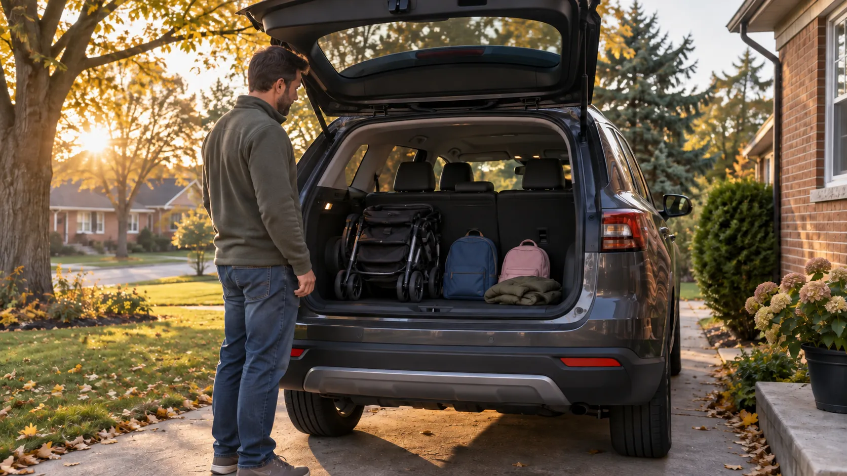 A parent checks a folded stroller, two daypacks and a jacket in an SUV cargo area