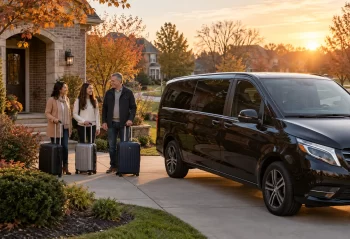Three adults with suitcases beside a dark passenger van at a suburban brick home