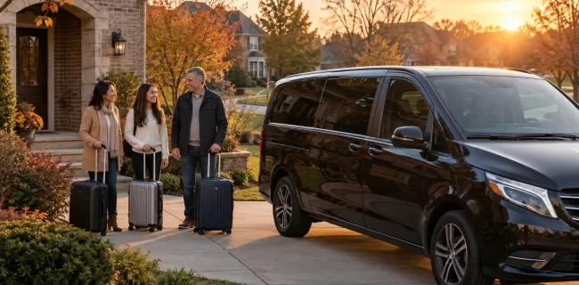 Three adults with suitcases beside a dark passenger van at a suburban brick home
