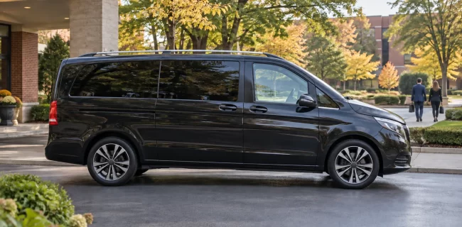 Dark passenger van on a landscaped suburban hotel driveway