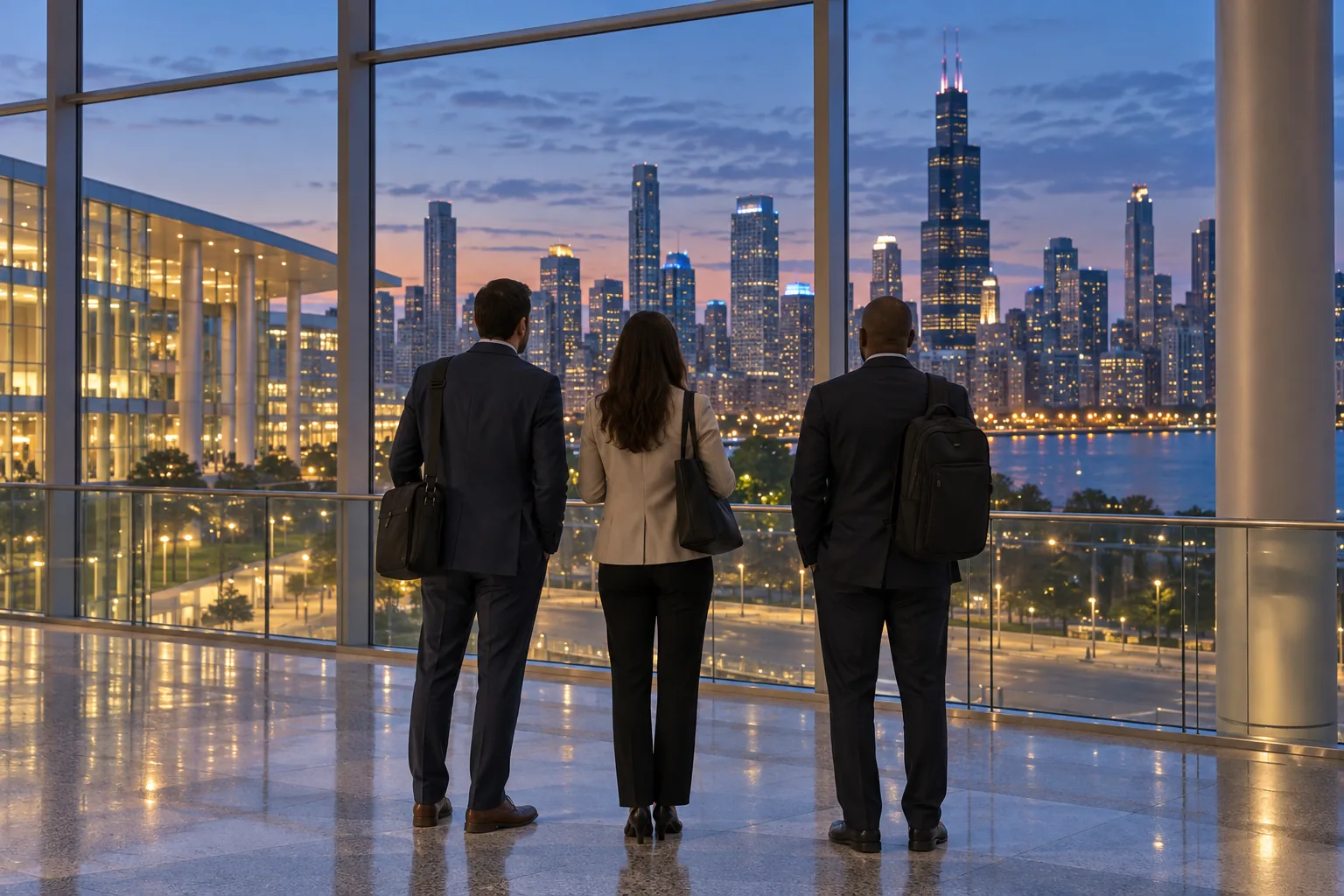 Three attendees with work bags gathered inside a glass concourse at dusk