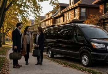 Three travelers with day bags beside a passenger van on a suburban street