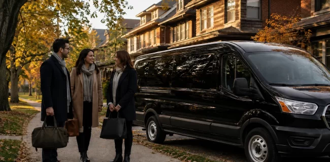 Three travelers with day bags beside a passenger van on a suburban street