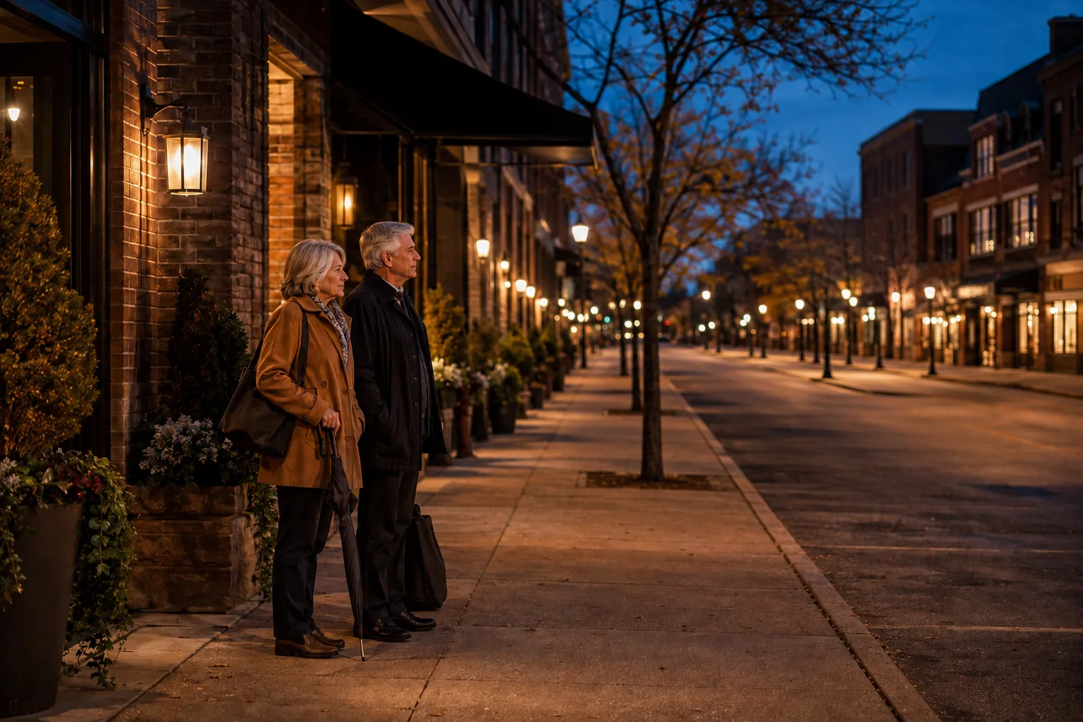 Two travelers waiting together on a neighborhood sidewalk at dusk