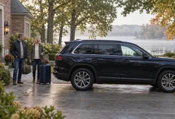 Two adults with a suitcase and bags beside a dark SUV outside a brick home