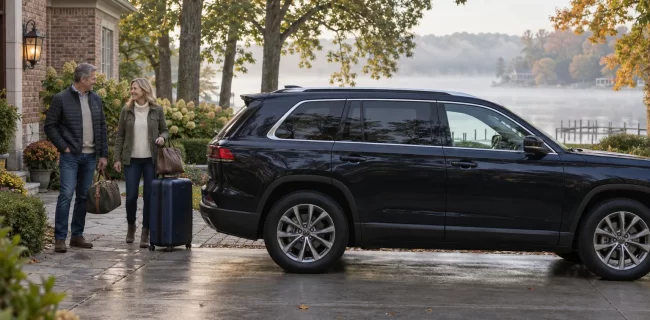 Two adults with a suitcase and bags beside a dark SUV outside a brick home